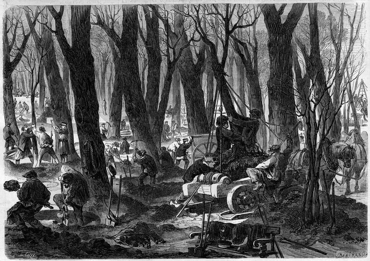 Restoration works in the Tuileries Garden in Paris. Engraving in “” L