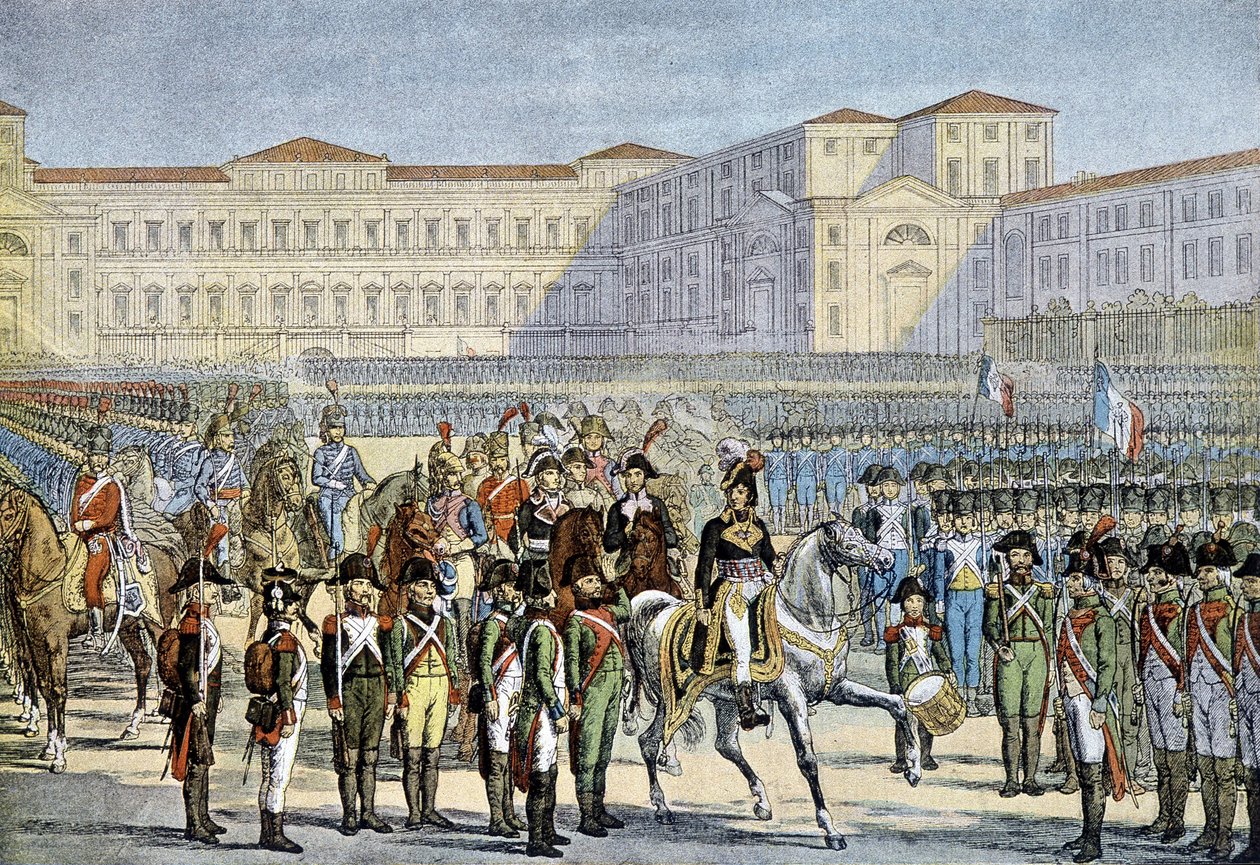 Gjennomgang av den italienske hæren vedtatt i Milano av general Murat (1800) - litografi av Unknown artist