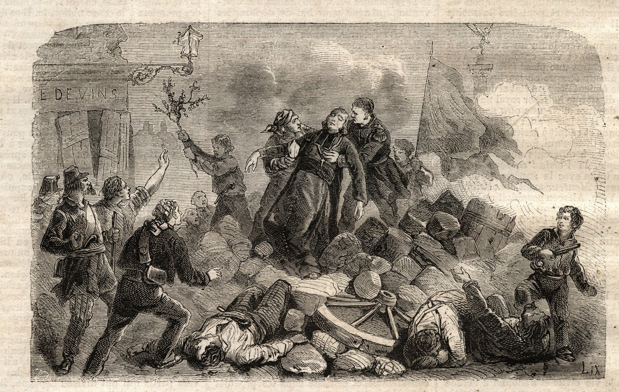 Revolution 1848: “” The Archeveque Monsignor Denis Affre (1793-1848) on the Barricade Faubourg Saint Antoine in Paris 26/06/1848 (Do o mon dieu que mon sang soit le dernier verse) (Death Denis Affre Archbishop of Paris of the barricade at the entrance to t av Unknown artist