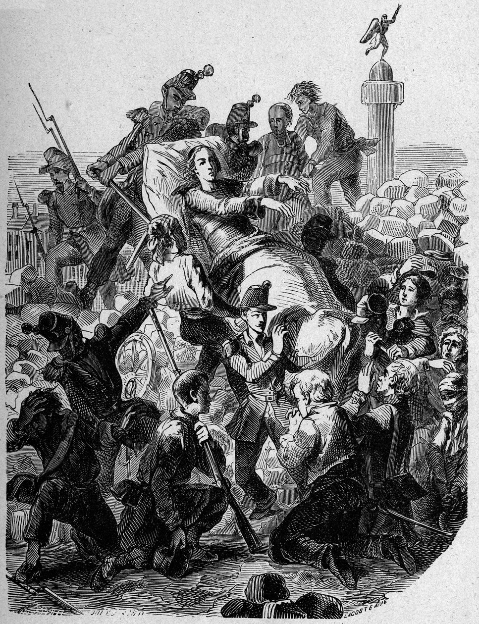 Revolusjon 1848: "" Erkebiskopen Denis Affre (1793-1848) sår og bærer på en båre i 1848." av Unknown artist
