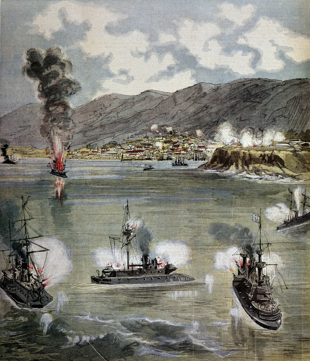 Revolusjon i Chile: angrepet på Valparaiso i 1891. Illustrasjon hentet fra "" Supplement illustrerer du Pepetit journal""" 1891. Paris, B.N. av Unknown artist