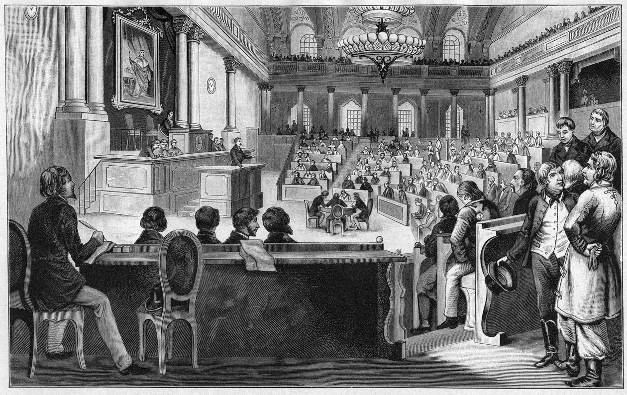 Revolusjon i Wien 1848 - Møtet til den første østerrikske konstituerende forsamlingen (Reichs Versammlung), juli 1848, på den spanske rideskolen i Wien, Østerrike. av Unknown artist