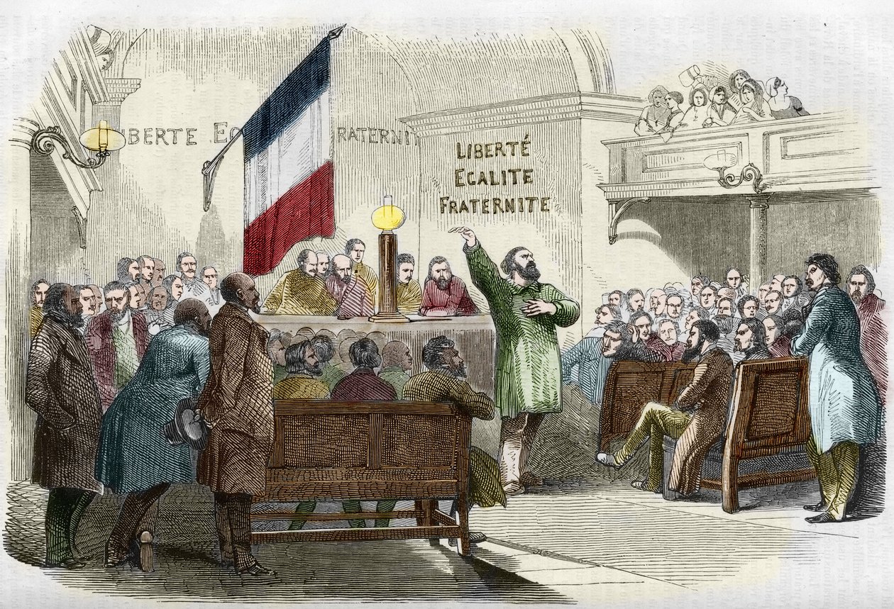 Revolution of 1848: Republican Club meeting in Paris in 1848. The wall reads the Republican motto “freedom, equality, fraternity””. (Meeting in a Republican club). Engraving of the 19th century. av Unknown artist