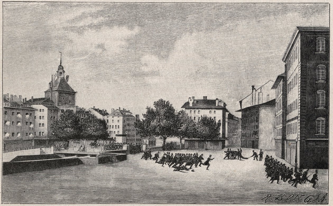 Revolusjonen i Genève fra 7. til 8. oktober 1846 (fazyst revolusjon): forsvar av St. Gervais 7. oktober 1846 - Utsikt over Place de Bel Air og Ponts-de-l