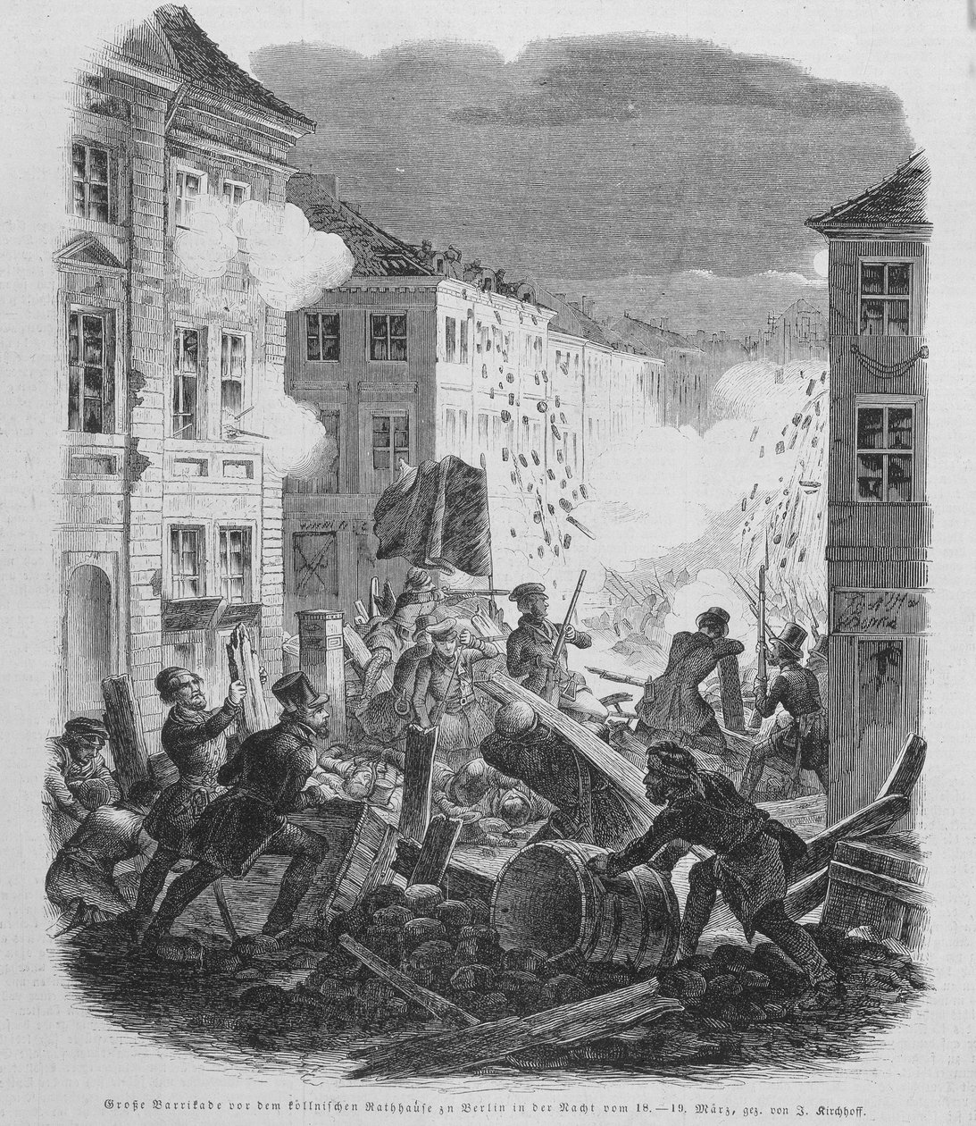 Revolusjon i mars 1848: barrikade i Berlin 19.03.1848. Frederic William IV av Preussen vil bli ledet til å akseptere gjenforening og en liberal regjering. av Unknown artist