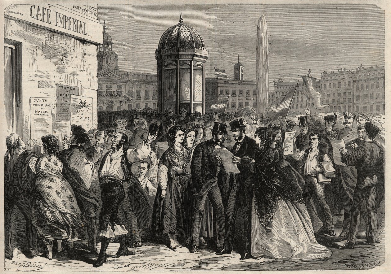Revolusjon i september 1868 i Spania (Gloriosa): lesing av manifestet til juntaen, i gaten til Alcala i Madrid. Gravering i "" L