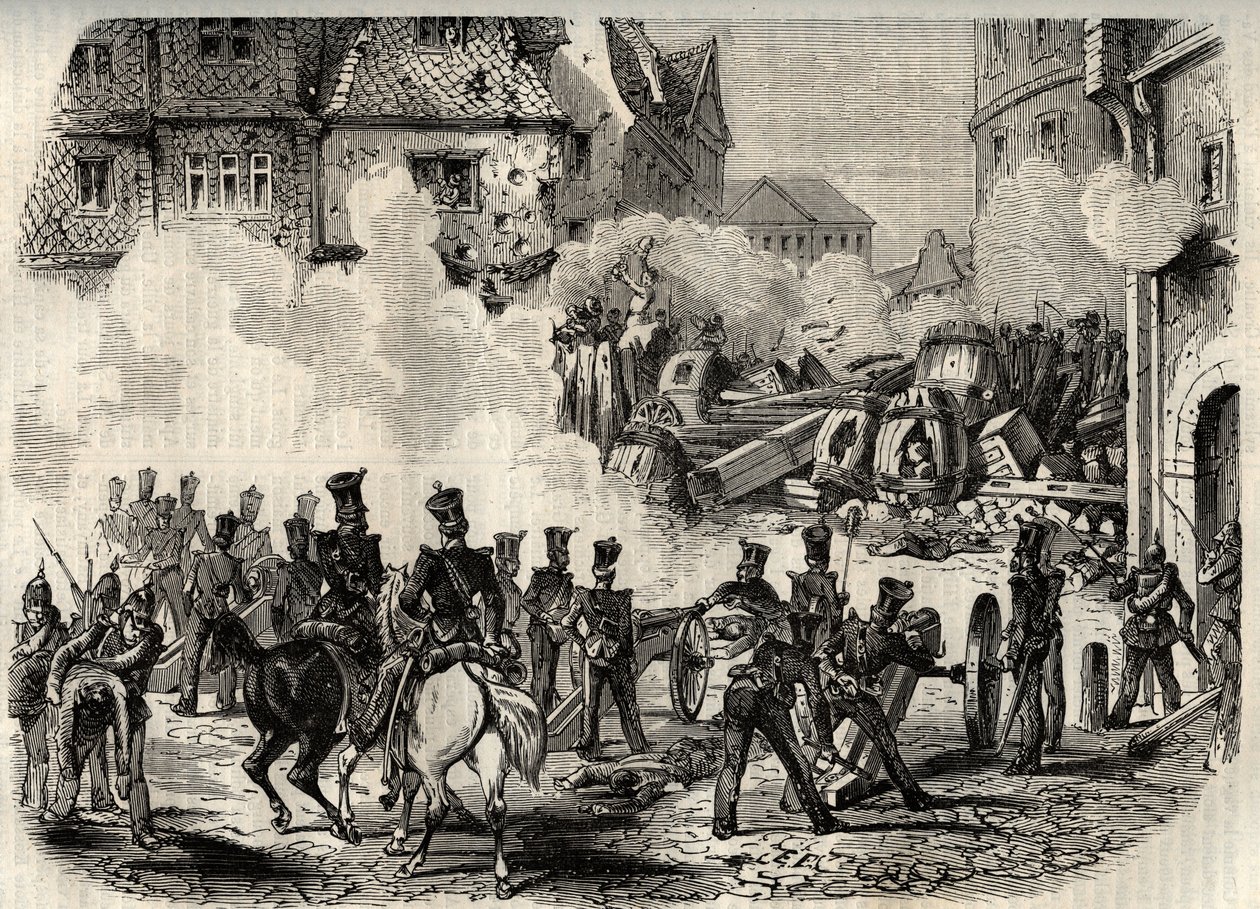 Revolutions 1848 - 1849, Tyskland, Frankfurt - Tropper stormer en barrikade i Frankfurt, Tyskland, 18. september av Unknown artist