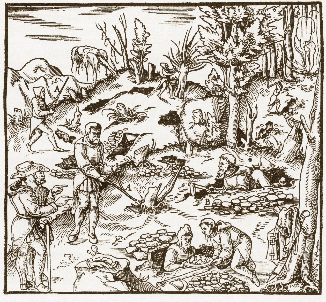 Rabdomancy - rhabdomancie - Utforskning av et gruvefelt ved hjelp av spådomsstaven - Menn kutter og bruker spådomsstaver for å lokalisere mineraler - Fra "" De re metallica"" av Georgius Agricola (Georg Bauer), Basel av Unknown artist