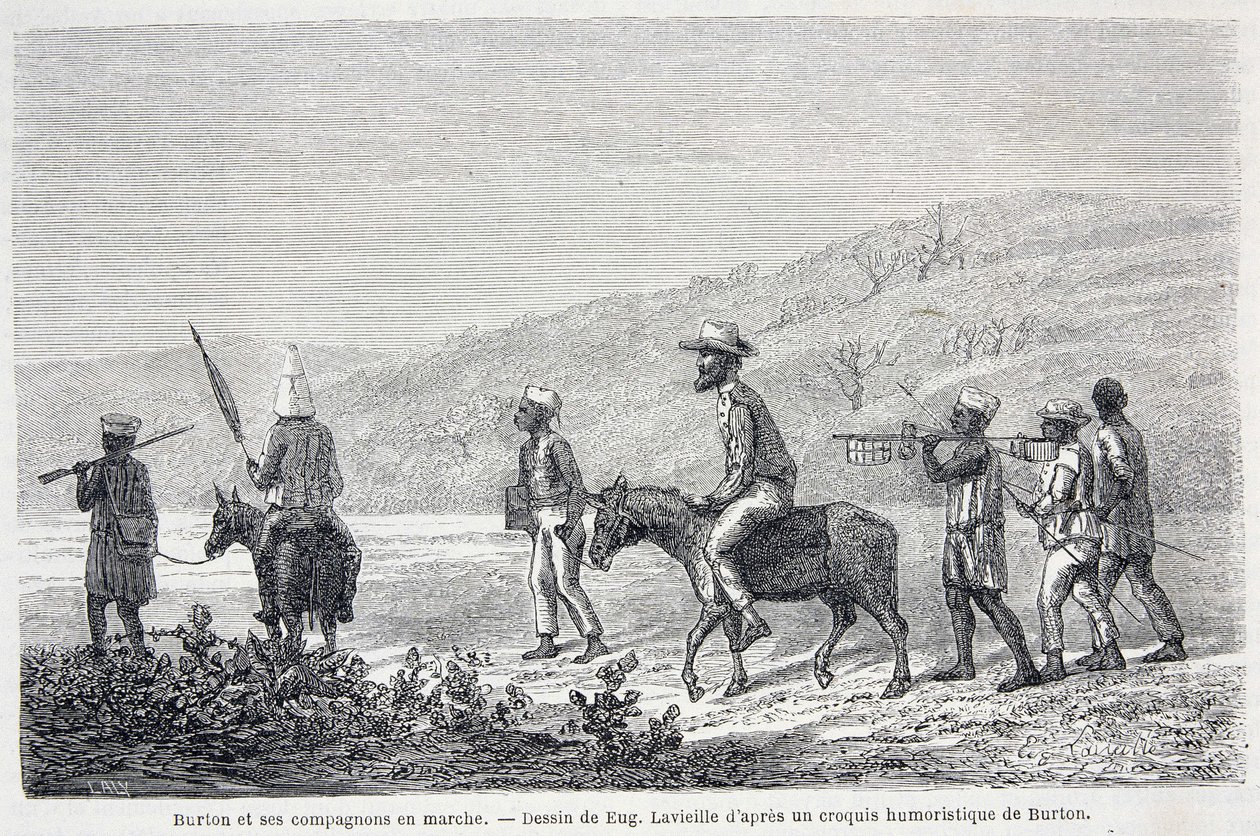 Richard Francis Burton, britisk oppdagelsesreisende (1821-1890), og hans følgesvenner i Afrika. Tegning som illustrerer artikkelen "" Kaptein Burtons reise til de store sjøene i Afrika 1857-59" - i "" Tour du Monde"", 2. semester. 1860 av Unknown artist