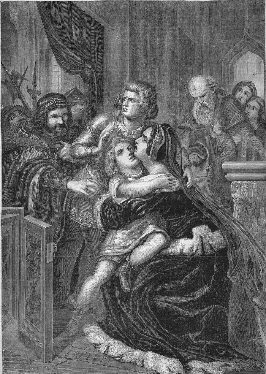 Richard III, konge av England, bortførte barna til broren Edward IV (1452-1485) fra moren deres. Gravering fra 1860 basert på Stilkes maleri. av Unknown artist