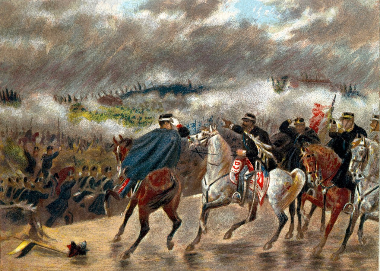 Risorgimento - Italiensk kampanje (1859): Victor Emmanuel II (Vittorio Emanuele II) (Victor-Emmanuel) (1820-1878) under slaget ved San Martino ledet de piemontesiske troppene mot den østerrikske hæren 24.06.1859. Privat samling av Unknown artist