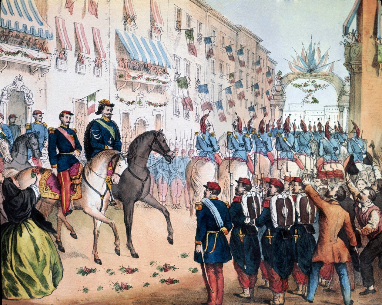 Risorgimento: "" inngangen til Victor Emmanuel (Victor-Emmanuel eller Vittorio Emanuele) II, konge av Italia og Napoleon III, fransk keiser, i Milano 08.06.1859. Litografi Nasjonalmuseet i Risorgimento Roma av Unknown artist
