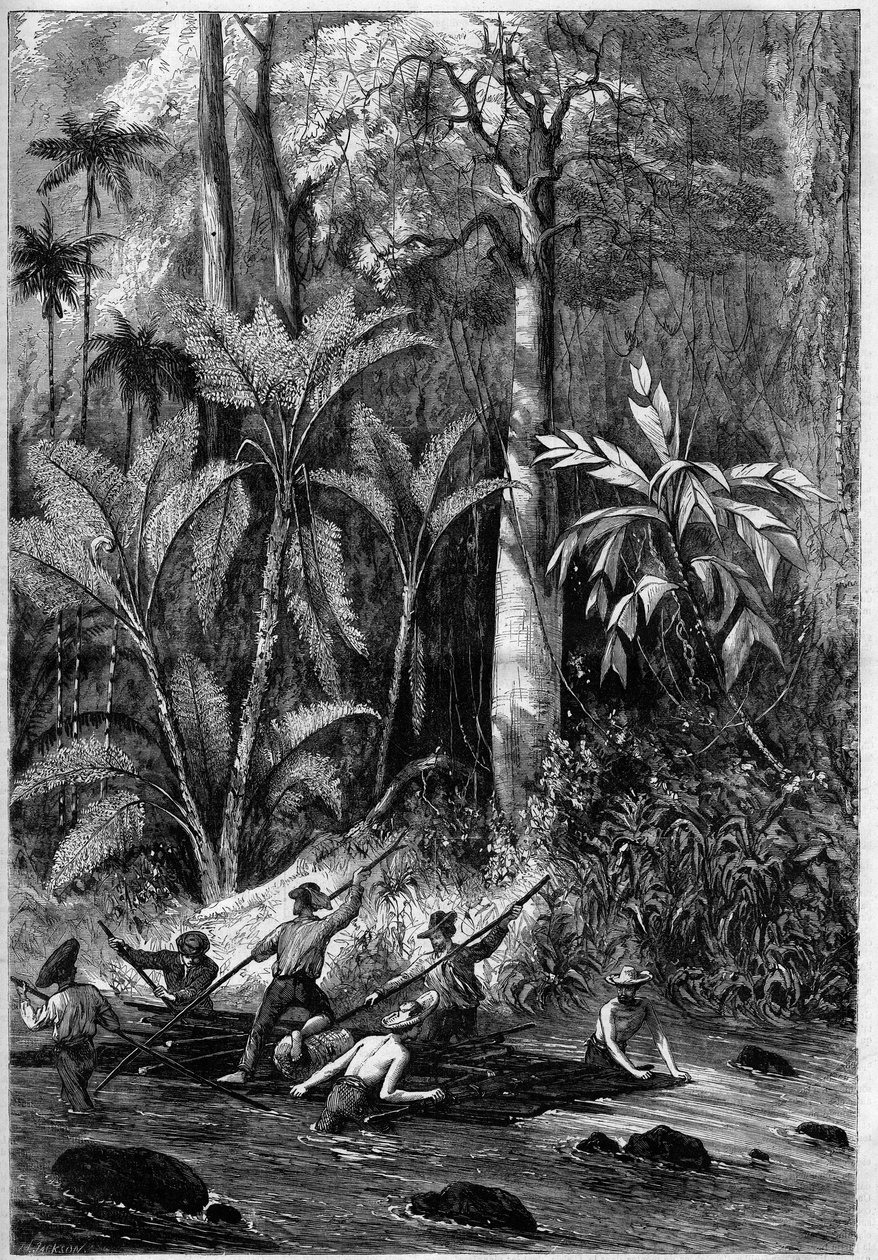 Veiutvikling i Mellom-Amerika: Piercing gjennom Isthmus of Panama. Flåte som går ned forløpet til Rama. Fra en tegning av en kaptein Bedford Pims ekspedisjonsoffiser. Gravering i "" The Illustrious Universe"" av Unknown artist