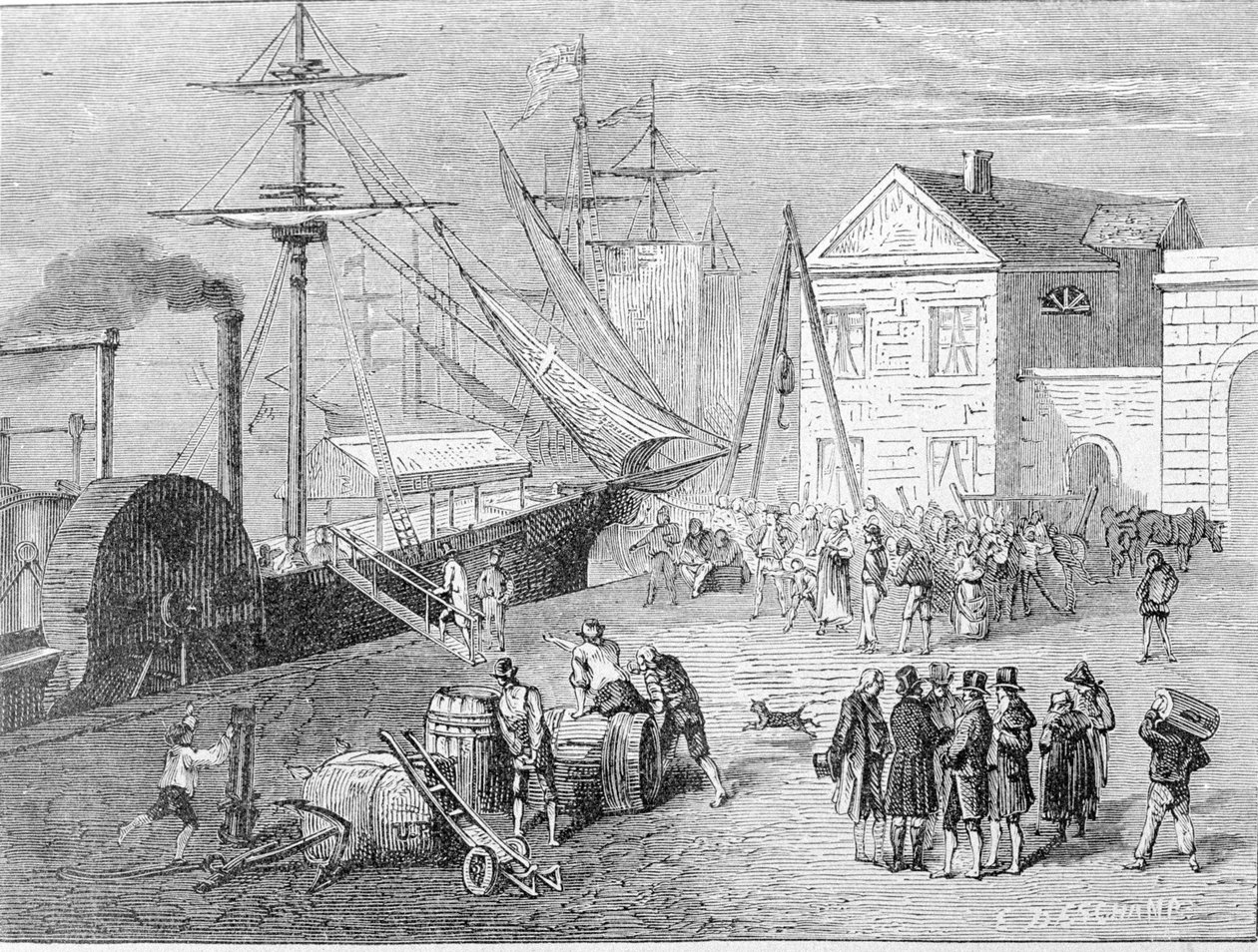 Robert Fulton (1765 - 1815), amerikansk byggmester tok fatt på Clermont, en båt han bygde i 1807 for å gi forbindelsen New York - Albany på Hudson River. Gravering av 1800-tallet. av Unknown artist