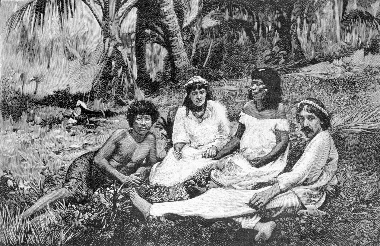 Robert Louis Stevenson (1850 - 1894) med sin kone i Samoa hvor han fikk sin residens publisert i Vailima. Gravering rundt 1890-1895. av Unknown artist