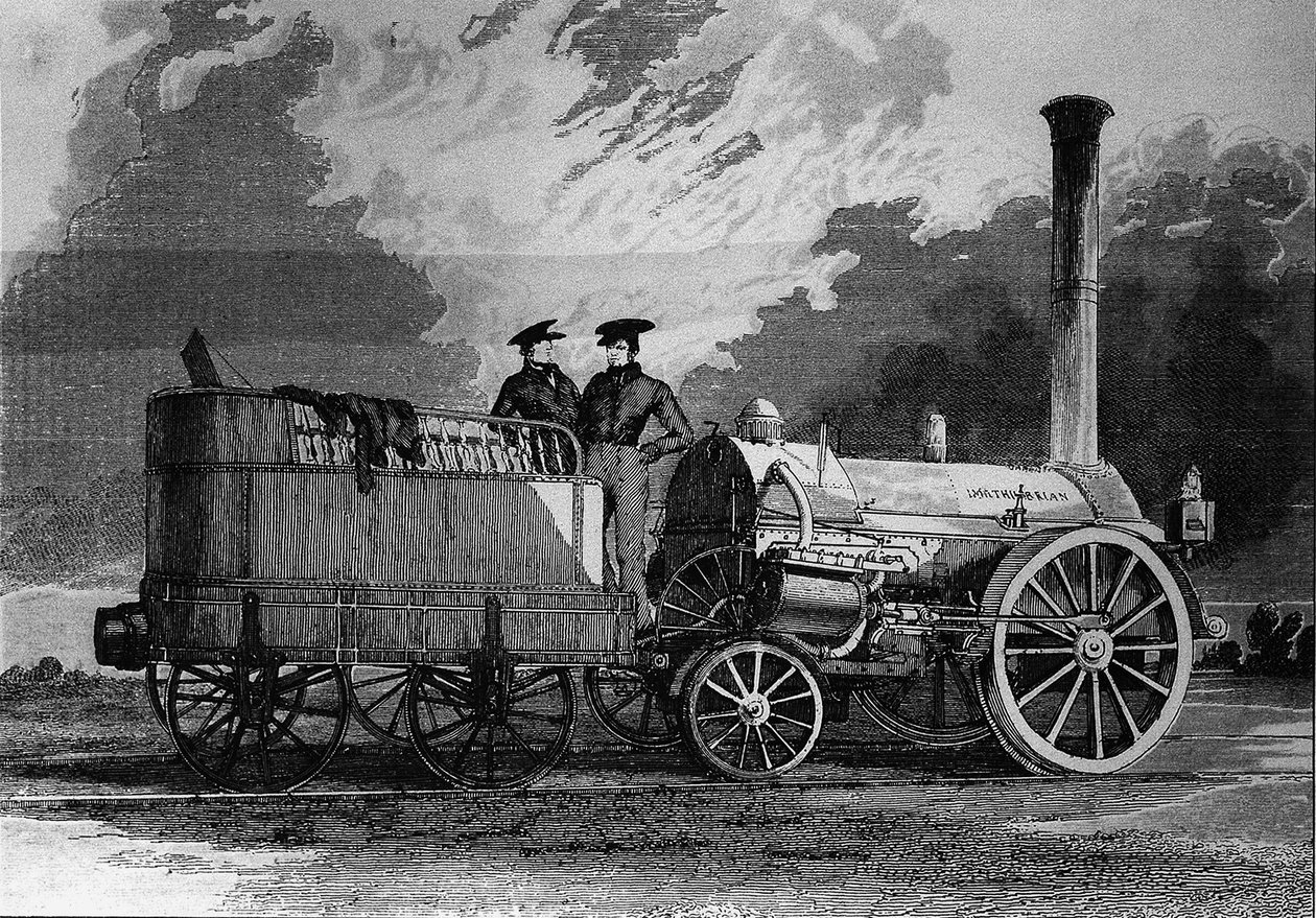 Robert Stephensons lokomotiv for jernbanen fra Liverpool til Manchester i 1831 - gravering av Unknown artist