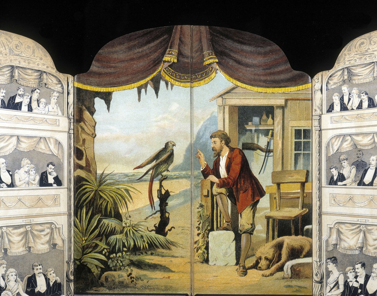 Robinson Crusoe med papegøyen sin, ca. 1890. Roman av Daniel de Foe eller Defoe (1660 - 1731) av Unknown artist