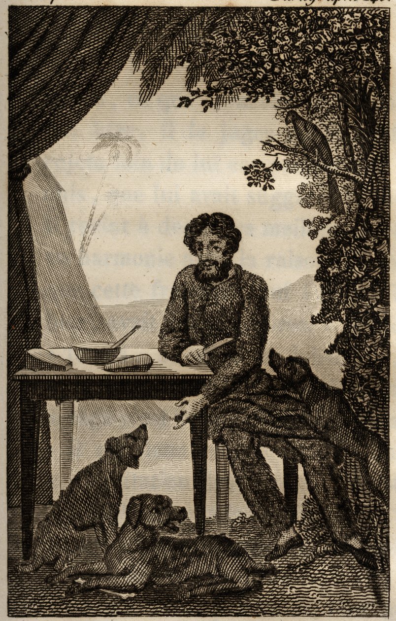 Robinson Crusoes hunder venter på at han skal kaste noen biter å spise, gravering satt inn i Daniel Defoes "Les aventures de Robinson Crusoe" (1660-1731), edition la librairie d'education, Paris 1838. Selvas samling. av Unknown artist