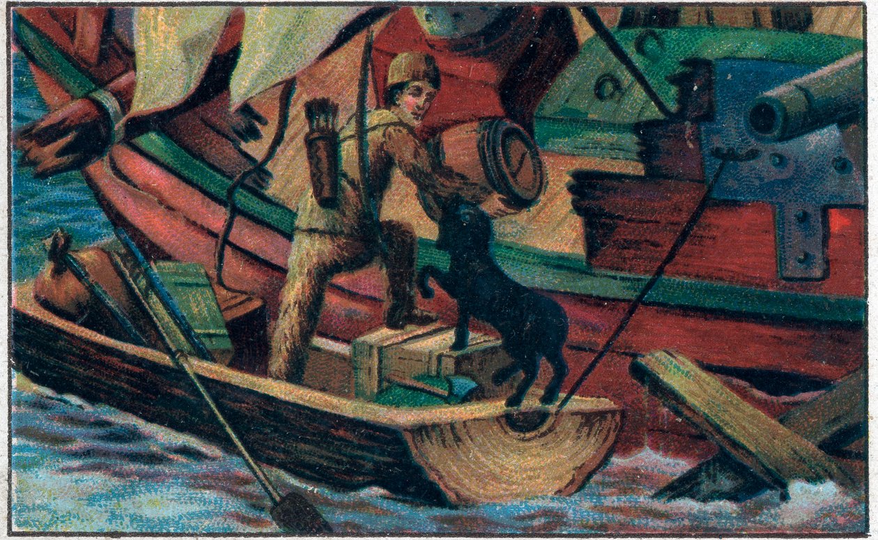 Robinson besøker søppelet. Illustrasjon for boken til Daniel Defoe (De foe) "" Robinson Crusoe"". Kromolitografi fra slutten av 1800-tallet. av Unknown artist