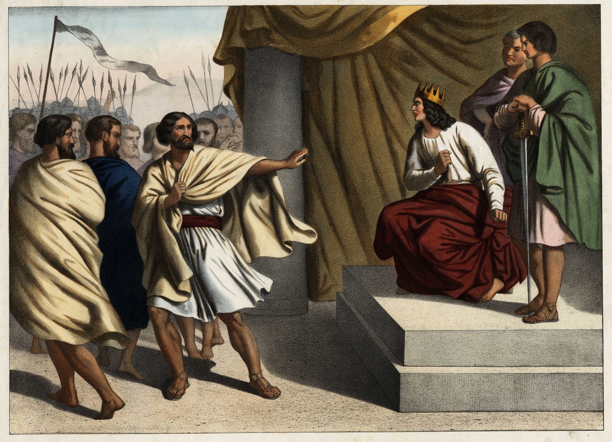 Roboam, den første kongen av Judas, utløste opprøret til de ti nordlige stammene. Anonym gravering fra midten av 1800-tallet. av Unknown artist