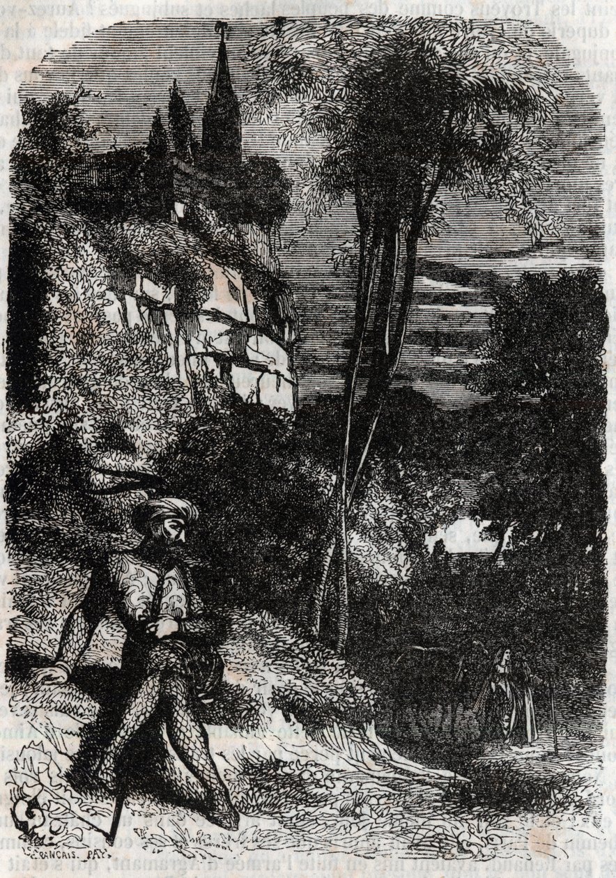 Rodomont, Isabella og den gamle eremitten - 1851 gravering fra "" Furious Roland"" (Orlando furioso) (1500-tallet) av Ludovico Ariosto, kjent som Ariosto - Edition oversatt fra italiensk av greven av Tressan og utgitt av Gustave Harvard 1851 av Unknown artist