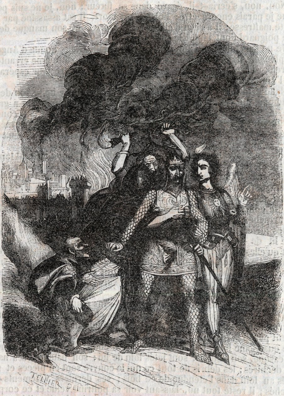 Rodomont forlater Paris - gravering av 1851 fra "" Roland furieux"" (Orlando furioso) (1500-tallet) av Ludovico Ariosto, kjent som Ariosta - utgave oversatt fra italiensk av greven av Tressan og utgitt av Gustave Harvard 1851 av Unknown artist