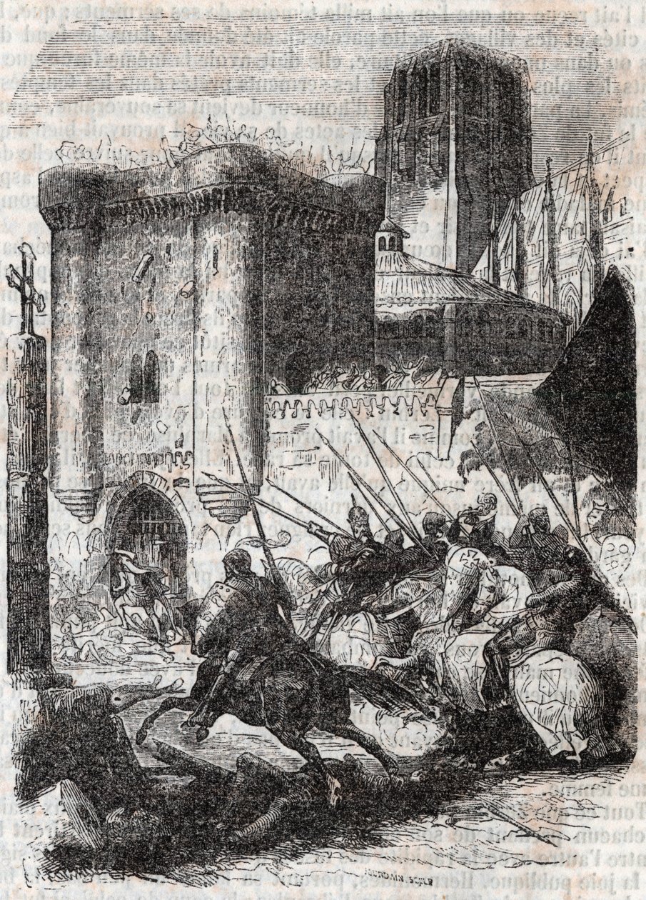 Rodomont bryter dørene til Palais i Paris - gravering av 1851 fra "" Roland furieux"" (Orlando furioso) (1500-tallet) av Ludovico Ariosto, kjent som Arioste - utgave oversatt fra italiensk av greven av Tressan og utgitt av Gustave Harv av Unknown artist