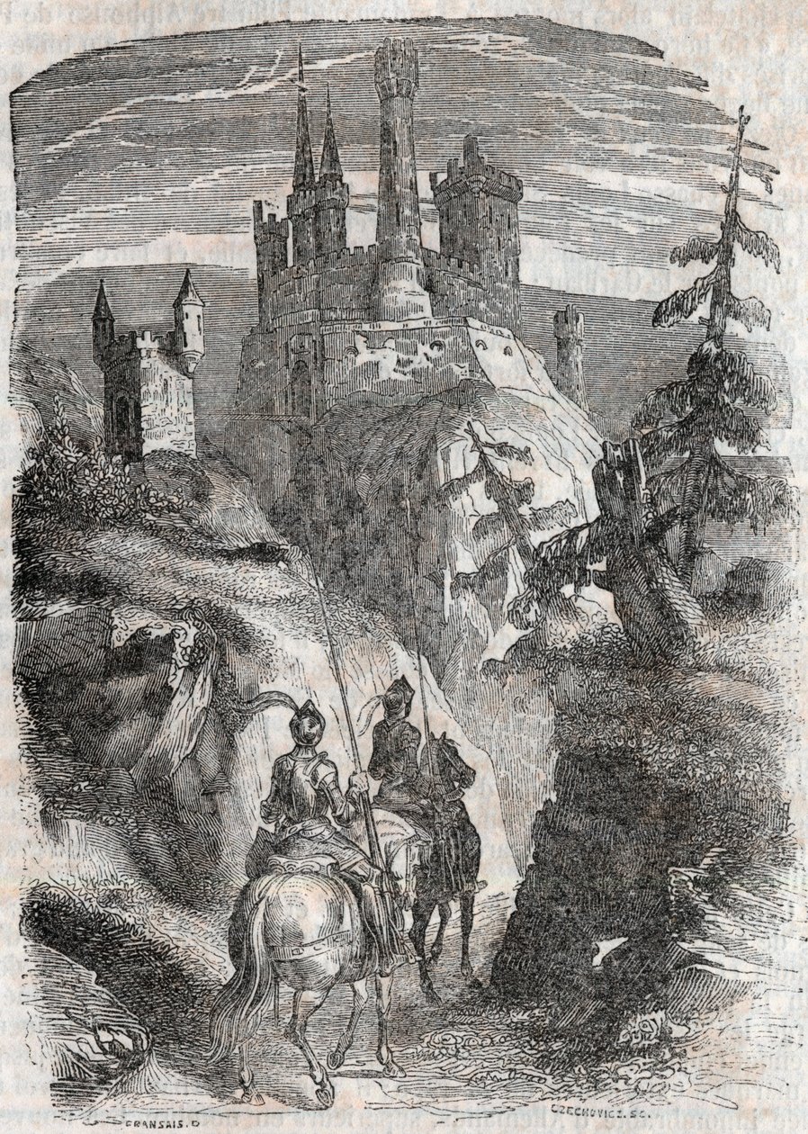 Roger (Ruggero, Ruggiero) og Richardet ser slottet i Aigremont - gravering fra 1851 fra "" Roland furieux"" (1500-tallet) av Ludovico Ariosto, kjent som Ariosta - utgave oversatt fra italiensk av greven av Tressan og publ. av Unknown artist