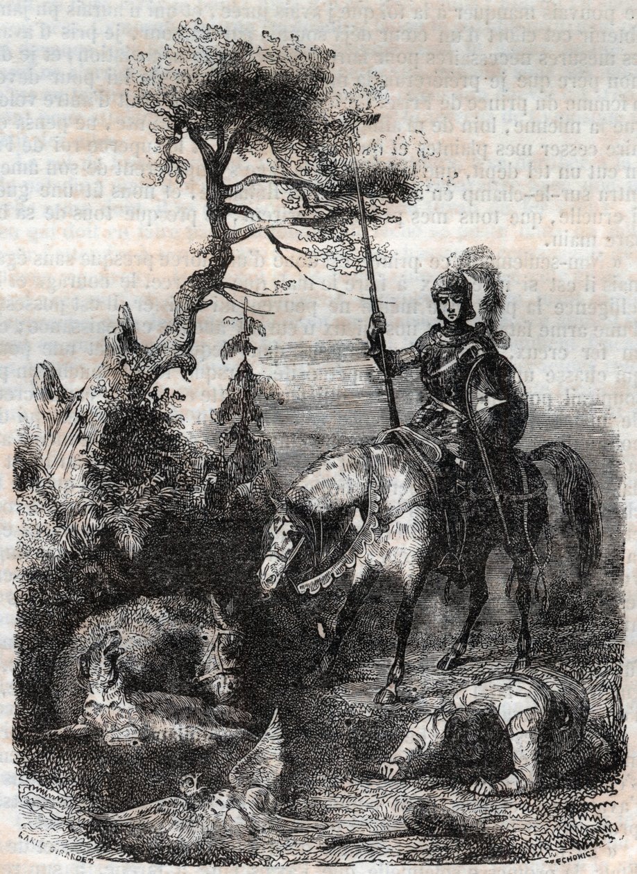 Roger (Ruggero, Ruggiero) bruker det fortryllende skjoldet - gravering av 1851 fra "" Furious Roland"" (Orlando furioso) (1500-tallet) av Ludovico Ariosto, kjent som Ariosta - utgave oversatt fra italiensk av greven av Tressan og publisert av av Unknown artist