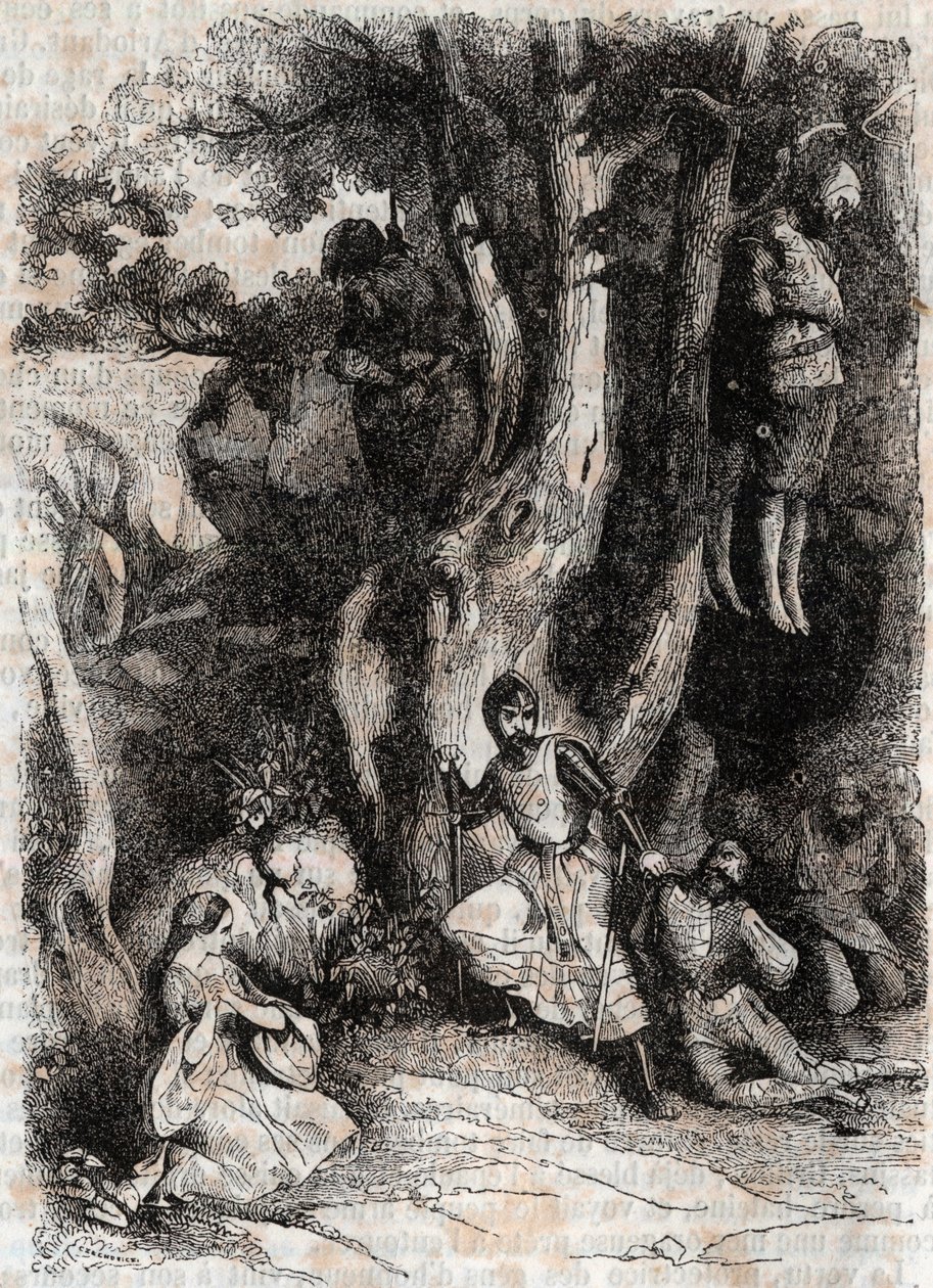 Roland and and the Seven Brigands of the Cave - engraving of 1851 from “” Furious Roland”” (Orlando furioso) (16th century) by Ludovico Ariosto, known as the Ariosta - Edition translated from Italian by the Count of Tressan and published by Gustave Harvard av Unknown artist