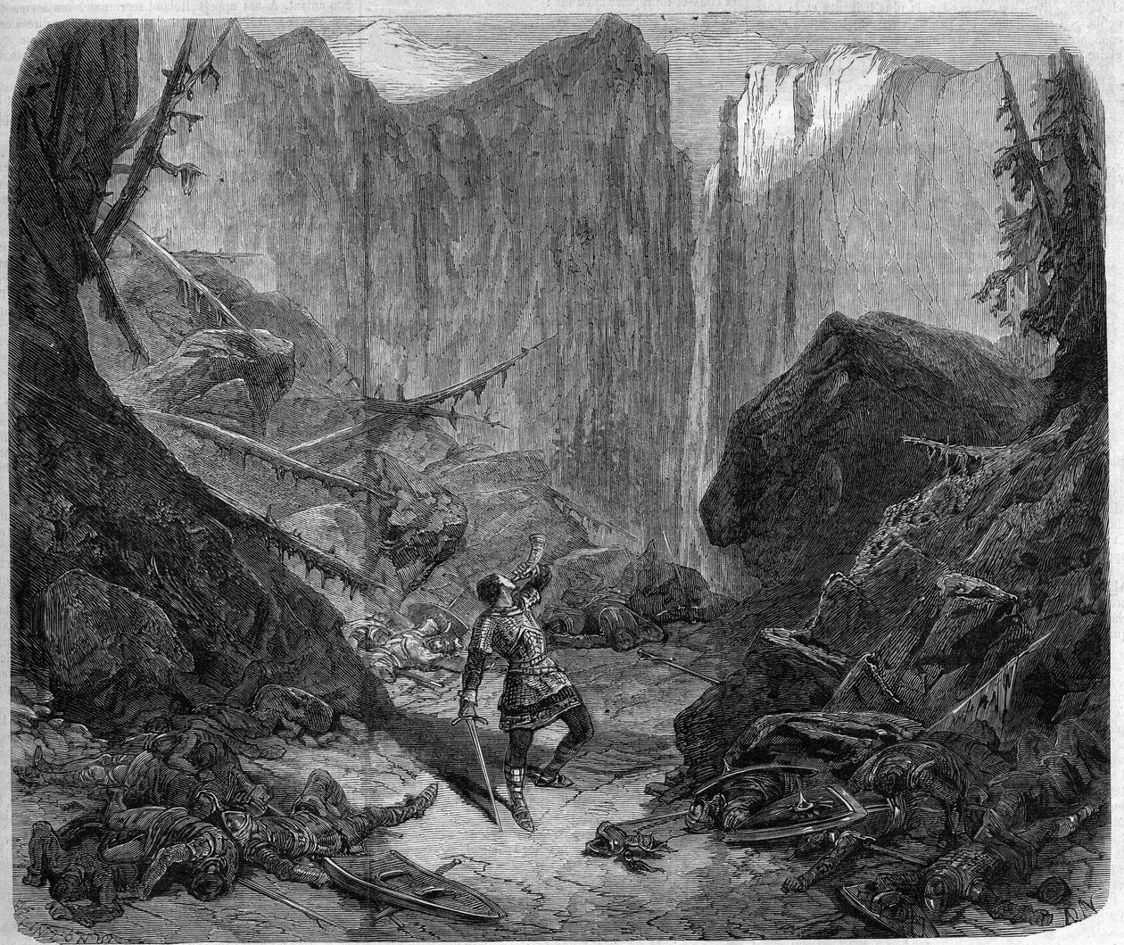 Roland blowing in his horn at the Battle of Roncesvaux on 15 August 778. Drawing by Alphonse de Neuville (1836-1885) for the opera “Roland a Roncesvaux” (Act IV, scene 1) by Auguste Mermet (1810-1889). Paris, Theatre imperial de l