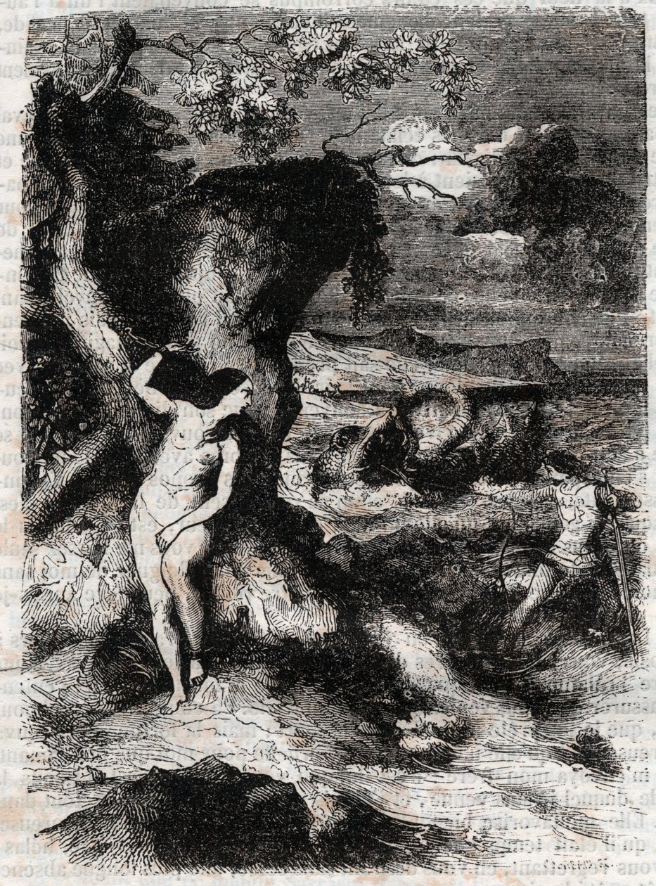Roland delivre Olympe - gravering av 1851 fra "" Roland furieux"" (Orlando furioso) (1500-tallet) av Ludovico Ariosto, kjent som Ariosto - Edition oversatt fra italiensk av greven av Tressan og utgitt av Gustave Harvard 1851 av Unknown artist
