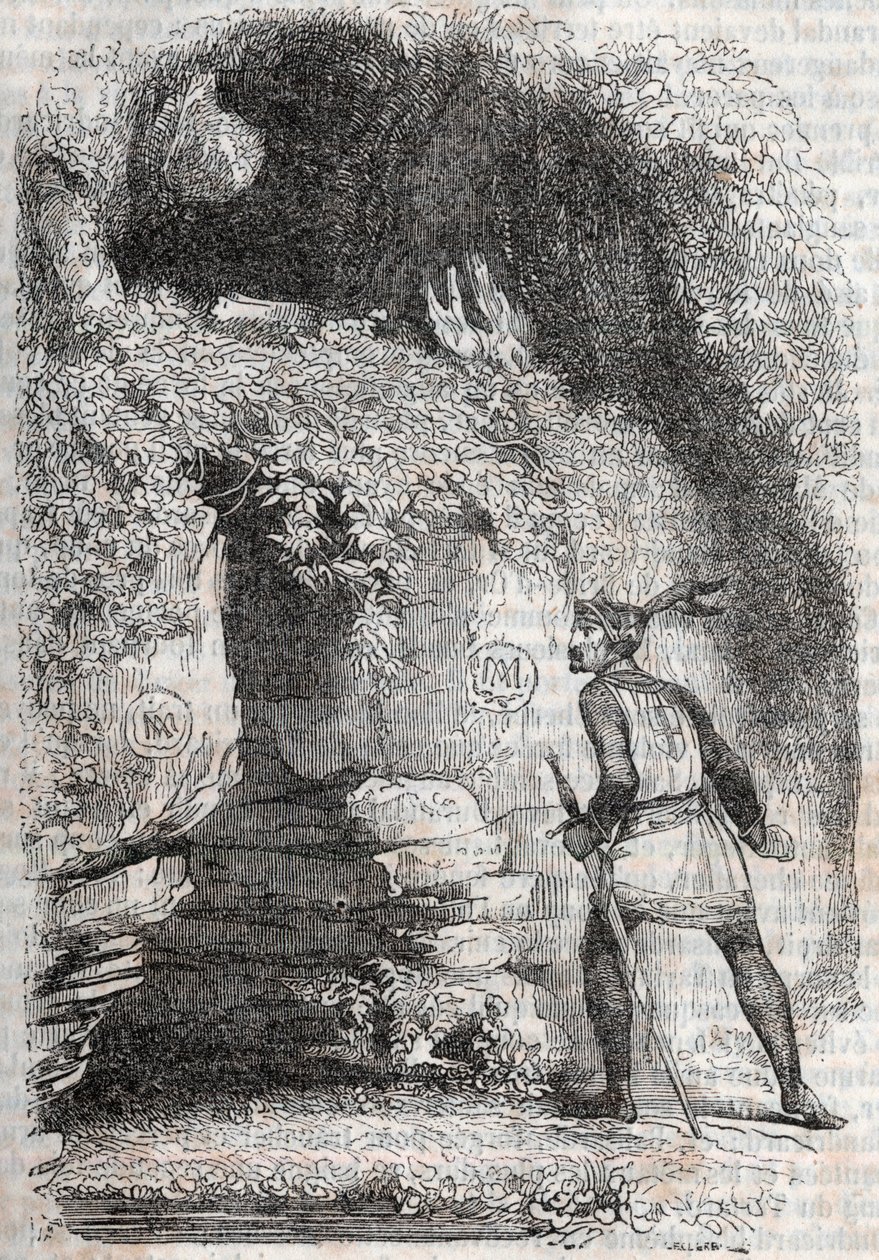 Roland finner figurene til Medor (Medoro) og Angelique (Angelica) - gravering av 1851 fra "" Furious Roland"" (Orlando furioso) (1500-tallet) av Ludovico Ariosto, kjent som Ariosta - utgave oversatt fra italiensk av greven av Tressan og publis av Unknown artist
