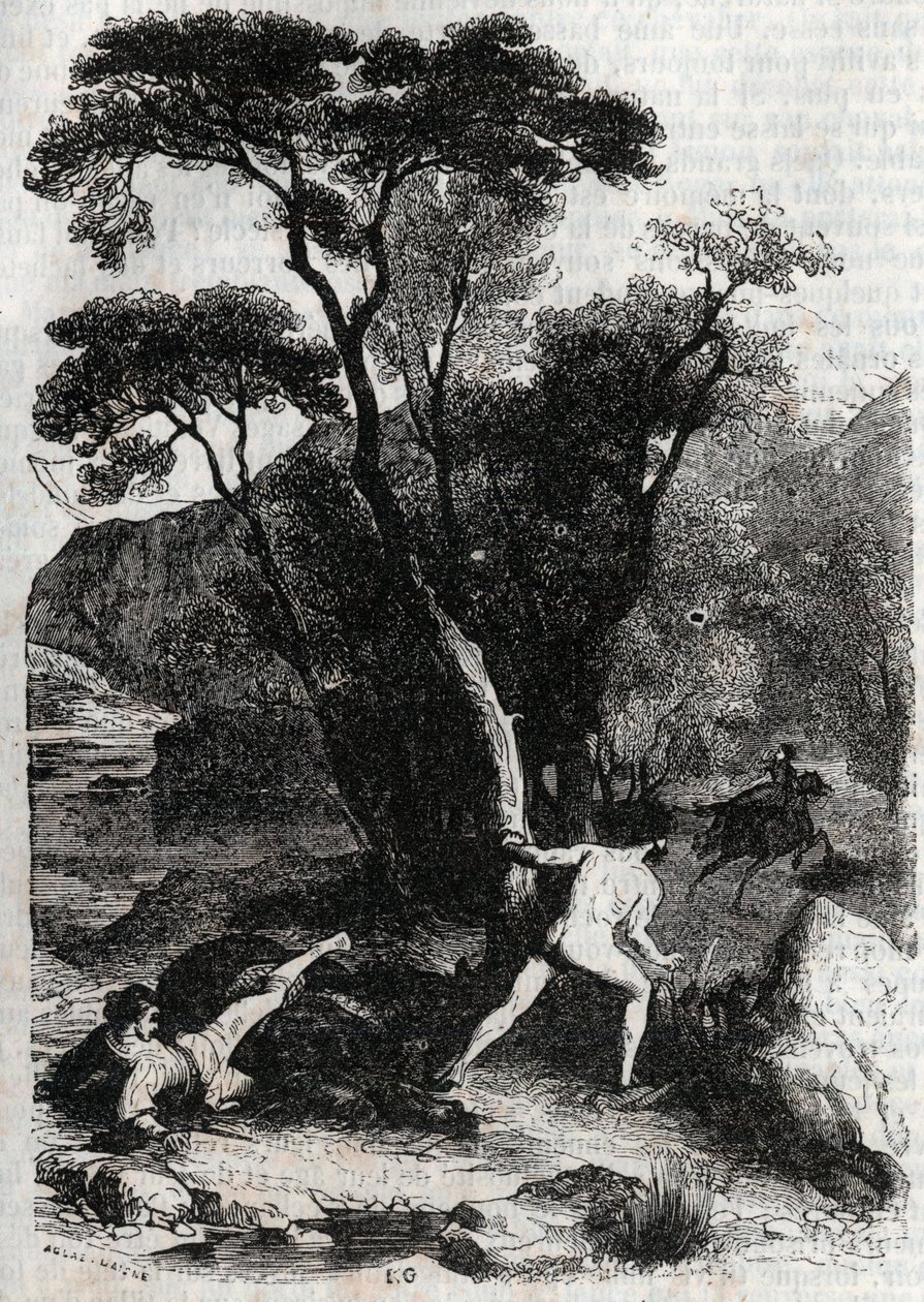 Roland forfølger Angelique (Angelica) - gravering av 1851 fra "" Furious Roland"" (Orlando furioso) (1500-tallet) av Ludovico Ariosto, kjent som Ariosto - utgave oversatt fra italiensk av greven av Tressan og utgitt av Gustave Harvard 1851 av Unknown artist
