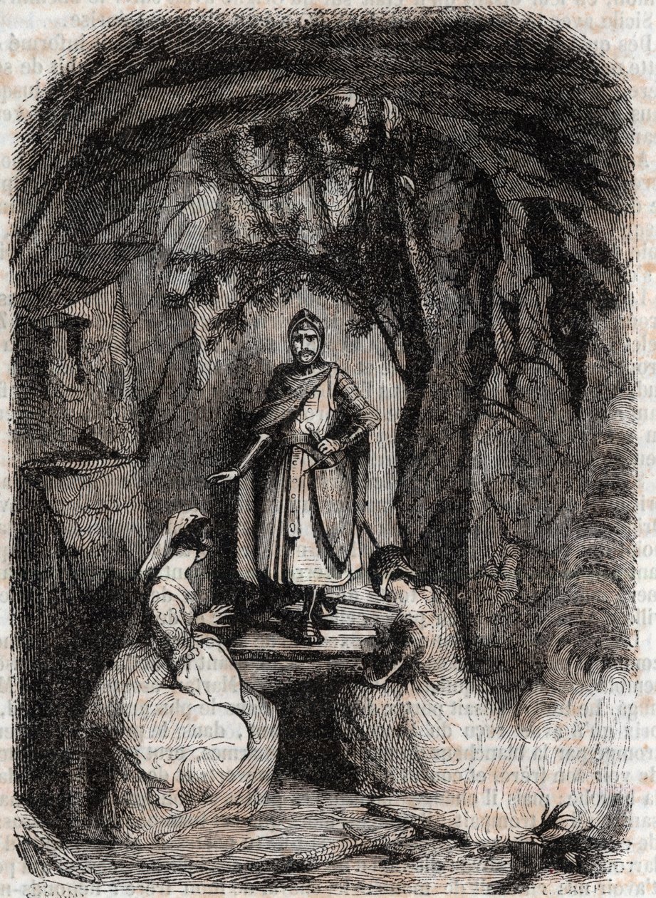 Roland ser Isabelle i en hule - gravering fra 1851 fra "" Furious Roland"" (Orlando furioso) (1500-tallet) av Ludovico Ariosto, kjent som Ariosta - Edition oversatt fra italiensk av greven av Tressan og utgitt av Gustave Harvard 1851 av Unknown artist