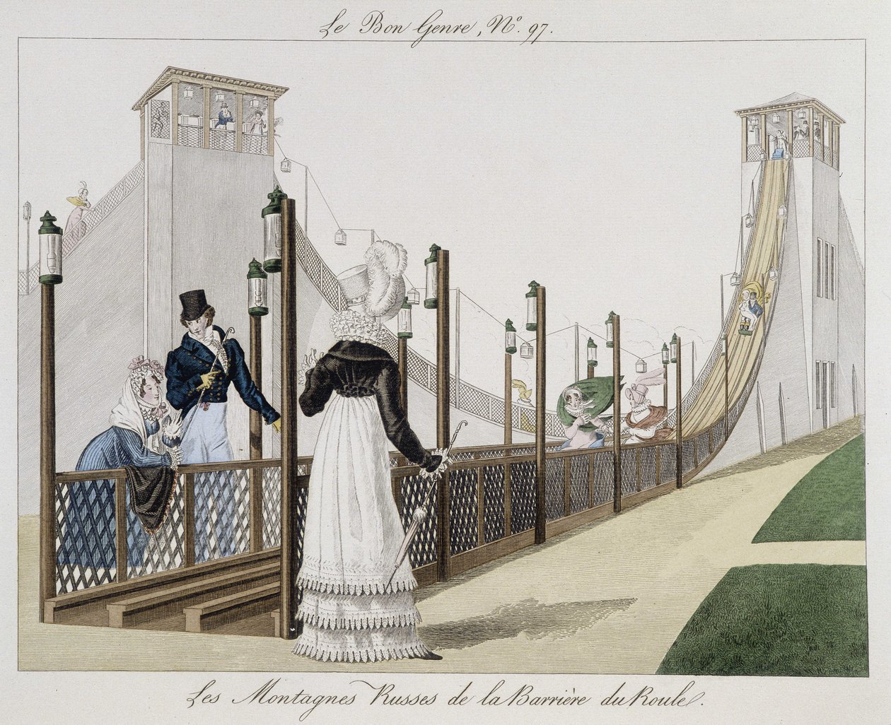 Berg-og-dal-bane ved Barriere du Roule, tidlig på 1800-tallet "" Le Bon genre"", nr. 97 av Unknown artist
