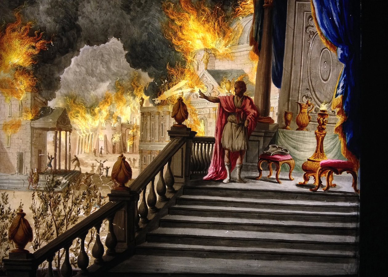 Roman Antiquite: “” The Emperor Nero contemplating the fire of Rome on July 18, 64”” (glass painting) av Unknown artist