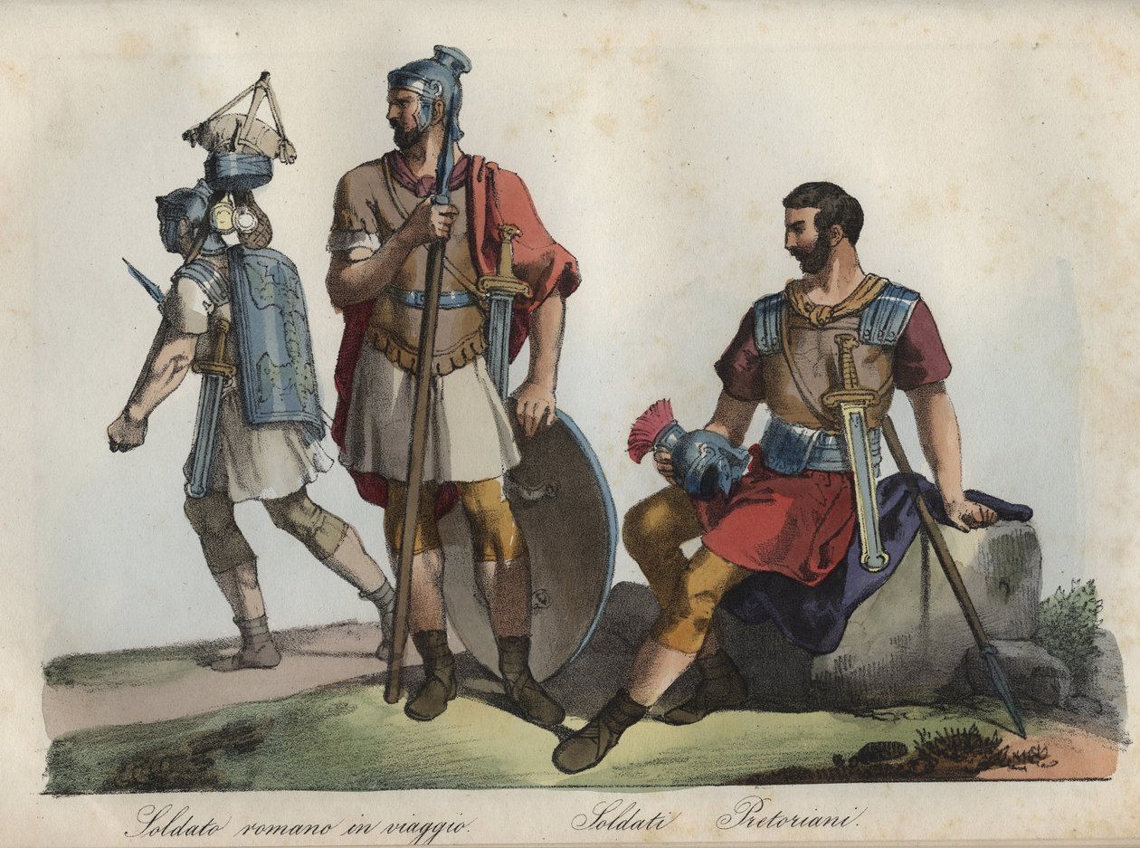 Romerske soldater og pretorianergarden - gravering fra "" skikker og tradisjoner til alle folkeslag i universet. Det vil si historien om regjeringen, lovene, militsen, om religionen til alle nasjoner fra de fjerneste tider til i dag "1856 av Unknown artist
