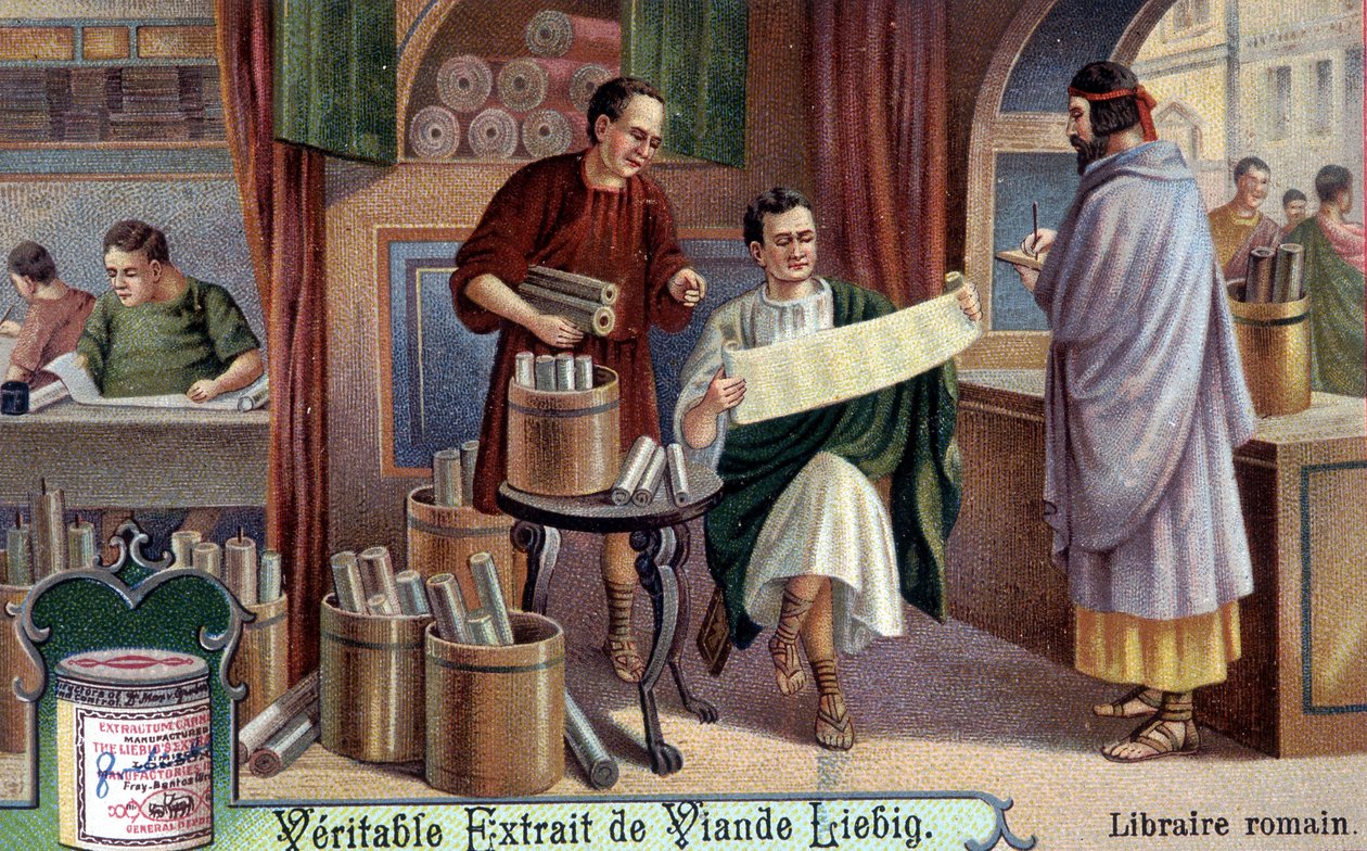 romersk bokhandler. Kromolitografi, Liebig-bilde. av Unknown artist