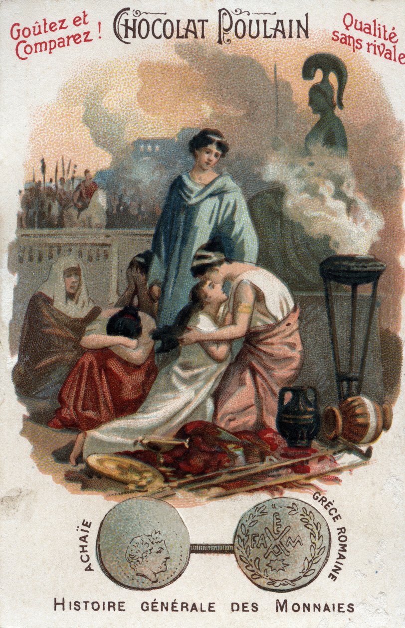 Romersk dominans i Hellas: plyndringen av Korint av Lucius Mummius i 146 f.Kr. i regionen Achaie (Akhaia). i generell mynthistorie. Sjokolade-føllkromolitografi fra slutten av 1800-tallet. Privat samling. av Unknown artist