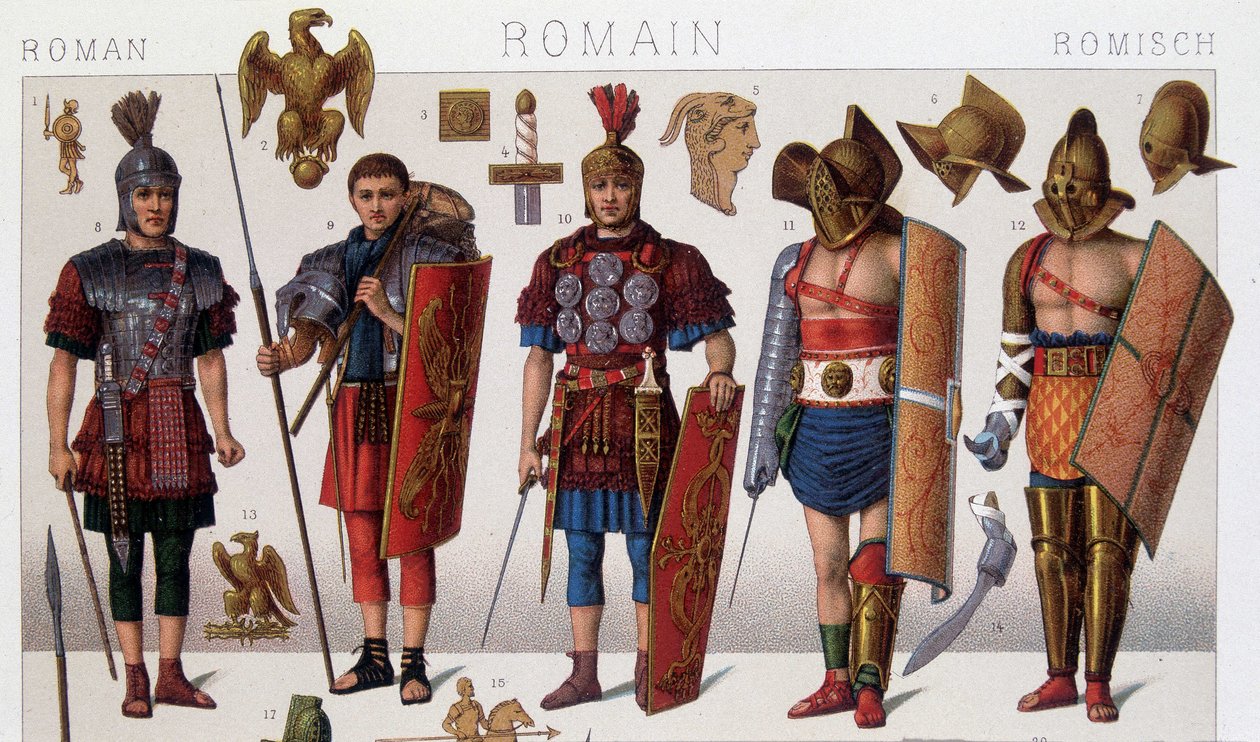 Romerske gladiatorkostymer og krigere. 1800-talls kromolitografi. av Unknown artist