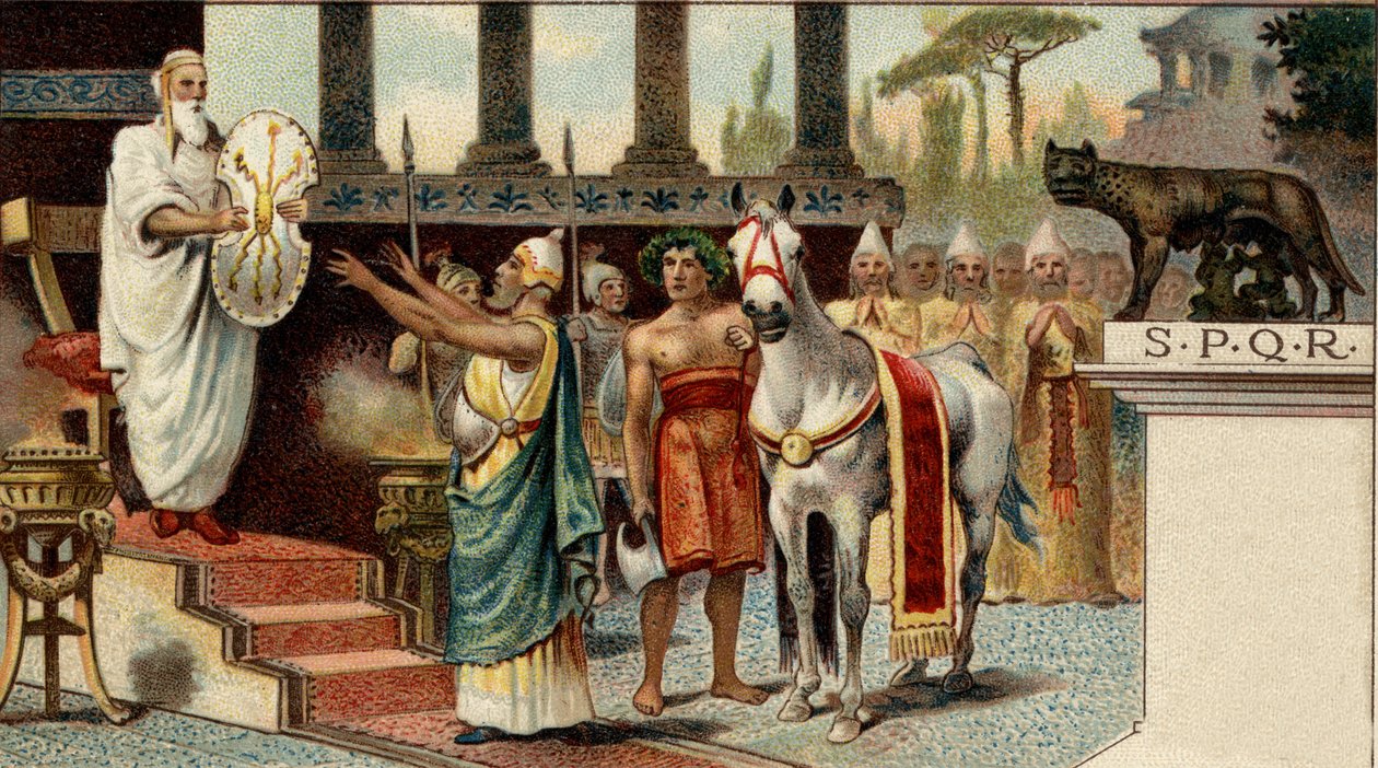 Romersk politisk system. Kongen: Numa Pompilius, legendarisk konge av Roma (-715, -672), overlater det hellige skjoldet til de saliske prestene. Kromolitografi på slutten av 1800-tallet. av Unknown artist