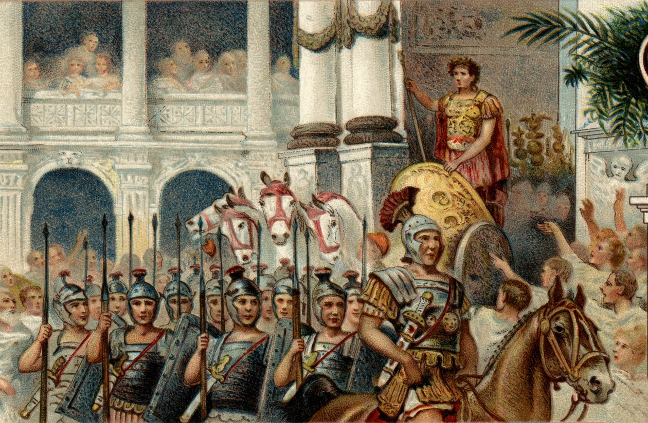 Romersk politisk system. Keiseren: Parade til ære for seirene til den romerske keiseren Augustus (Octavian eller Octavian) vant i Actium, Pannonia og Egypt. Kromolitografi fra slutten av 1800-tallet. av Unknown artist