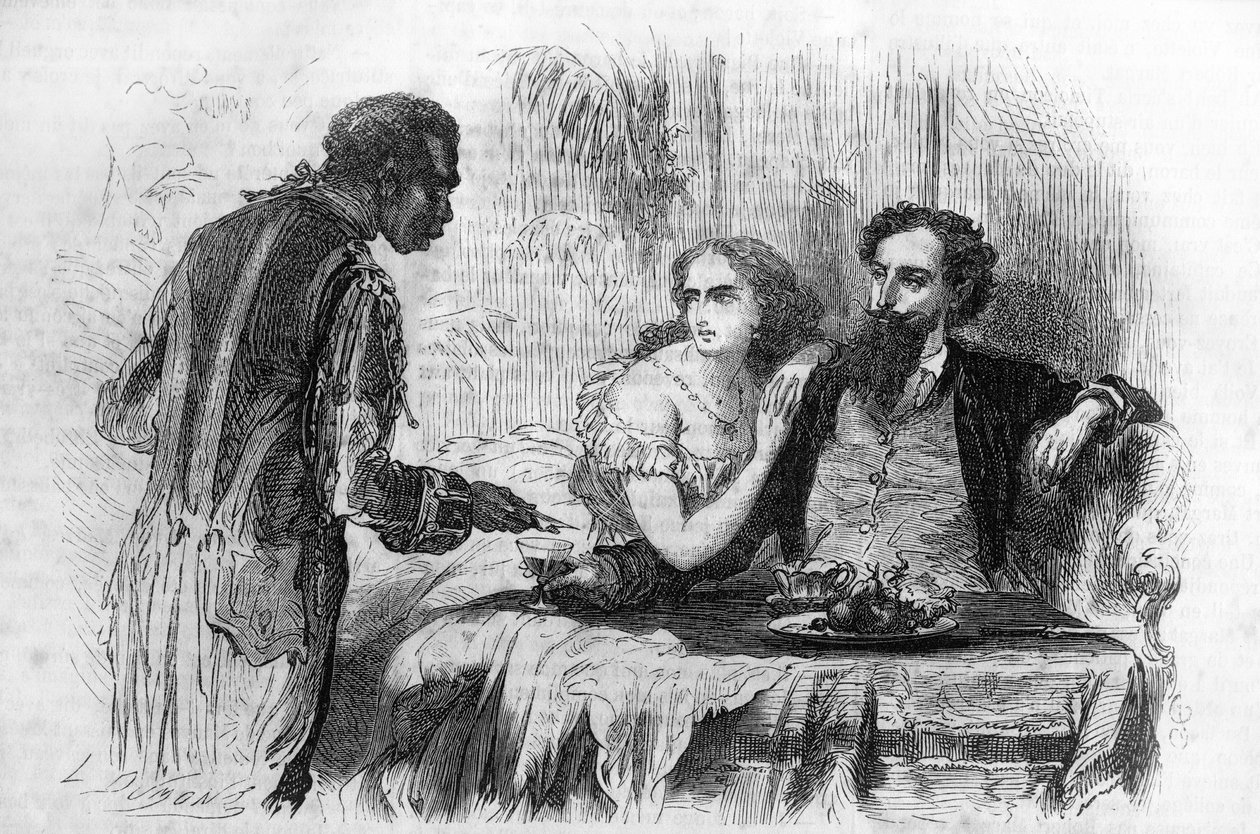 Romersk serie: «Puritanerne i Paris» av Paul Bocage (1824-1887). "Nigeren brakte Robert visittkortet." Gravering i "" Les bons romances"" av Unknown artist