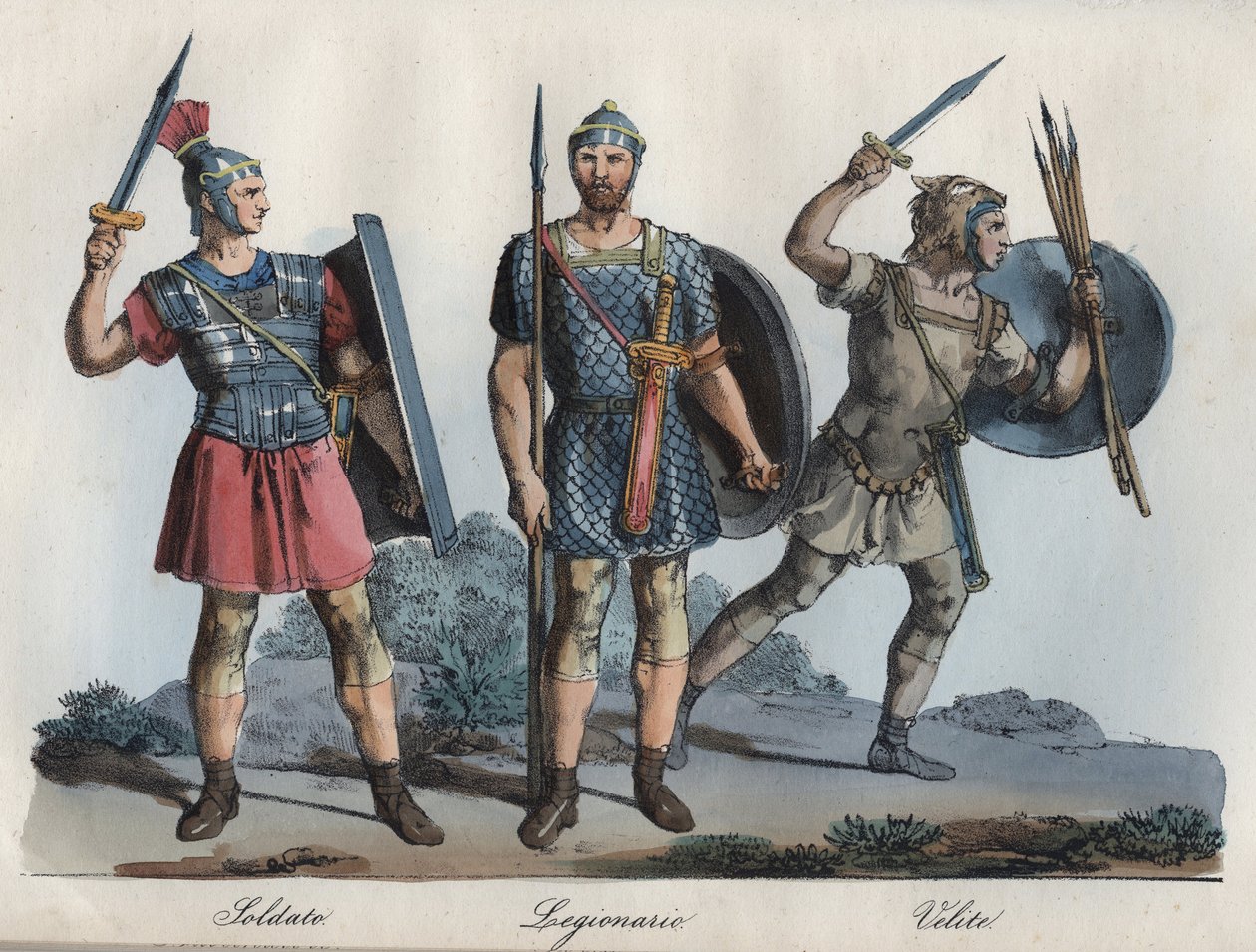 Romersk soldat - Legionær - Velitter (lett infanteri) - gravering fra "" Skikker og skikker til alle folkeslag i universet. Det er historien om regjeringen, lovene, militsen, om religionen til alle nasjoner fra de fjerneste tider til i dag." av Unknown artist