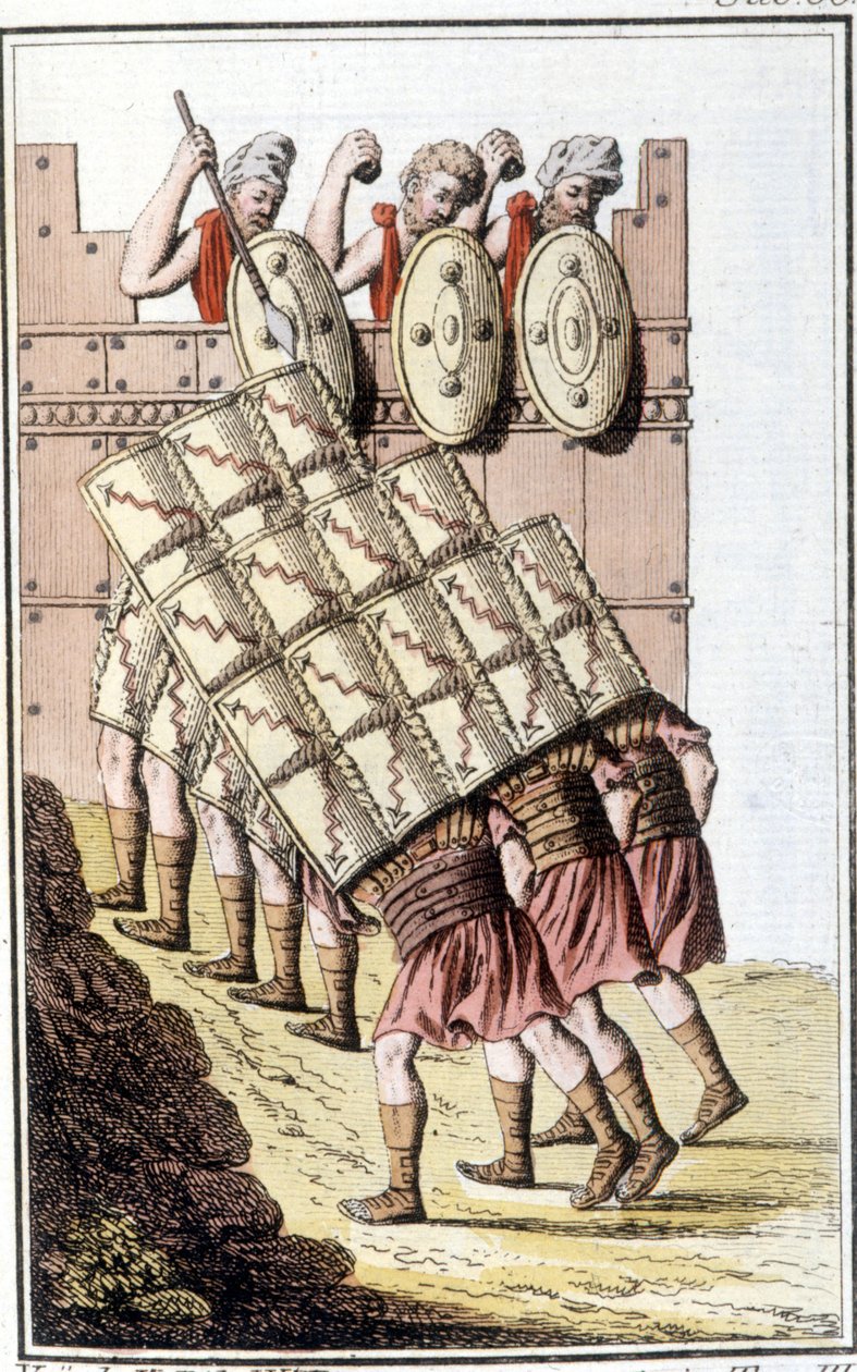 Romerske soldater (romersk legion) som manøvrerer og forsvarer seg med skjoldene sine. Gravering fra begynnelsen av 1800-tallet av Unknown artist