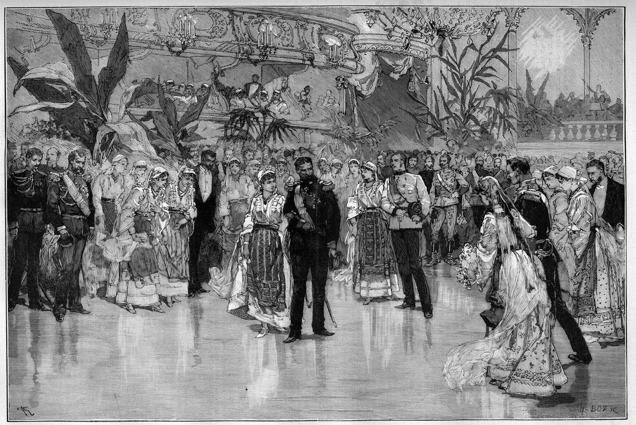 Romania: Ball gitt til ære for prins Rodolph (1858-1889) og prinsesse Stephanie av Østerrike Ungarn (1864-1945) ved Nationaltheatret i Bucuresti. Gravering i "" Le Monde Illustré"" av Unknown artist