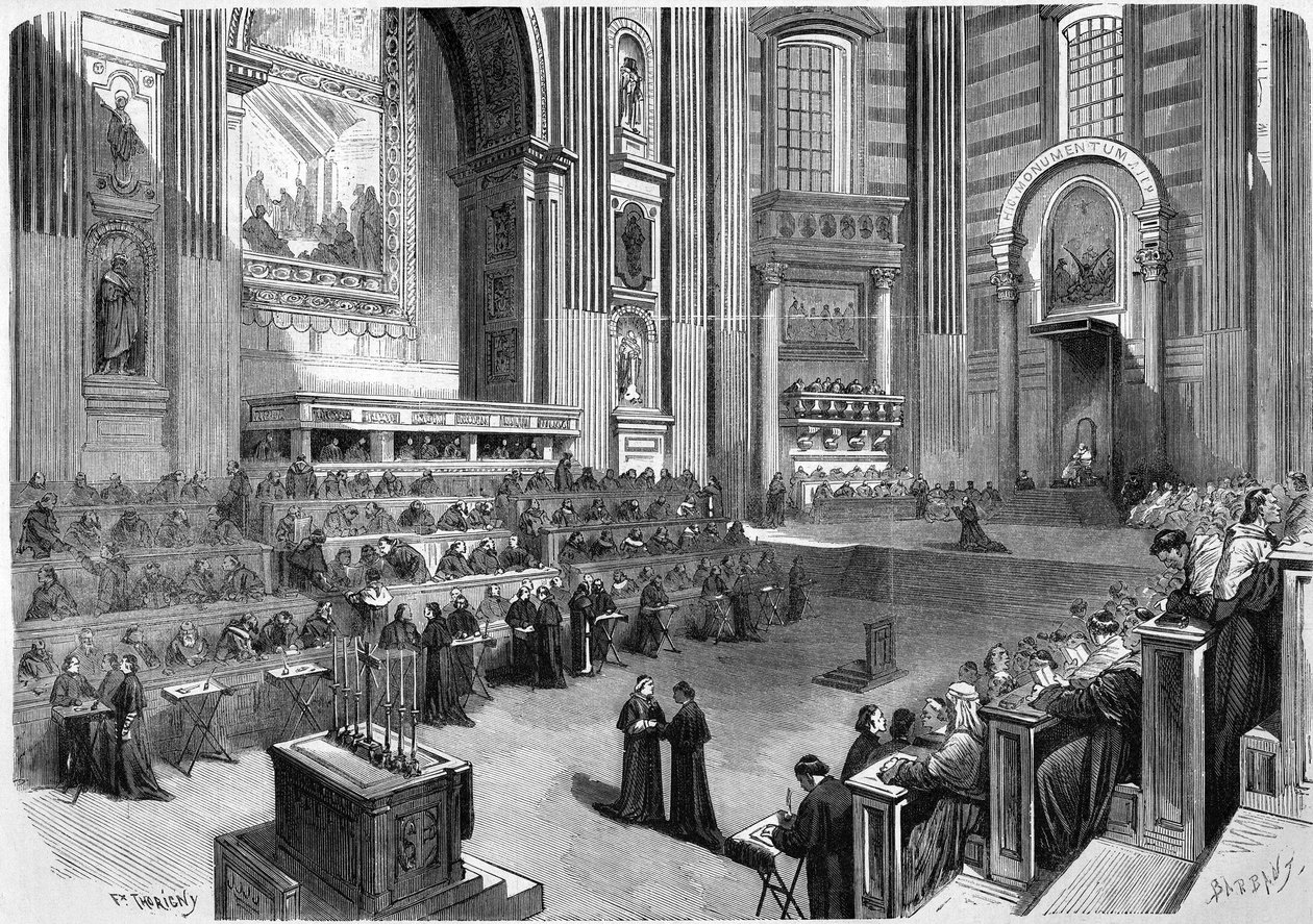 Roma 1869, første møte i det økumeniske rådet i 1869 holdt 9. desember i høyre del av tverrskipet til St. Peter-kirken. av Unknown artist