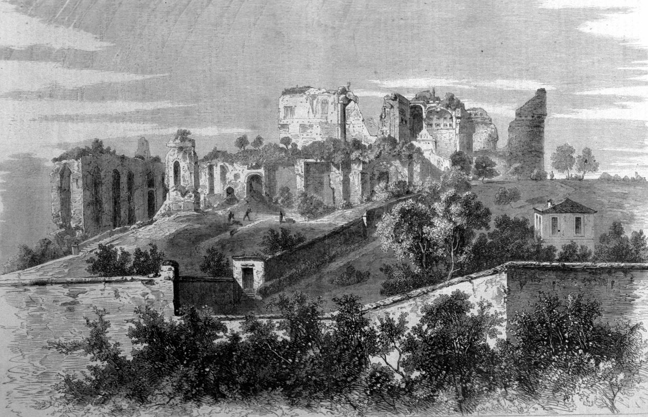 Roma, utsikt over Palatine-fjellet og ruinene av Cesars-palasset. av Unknown artist