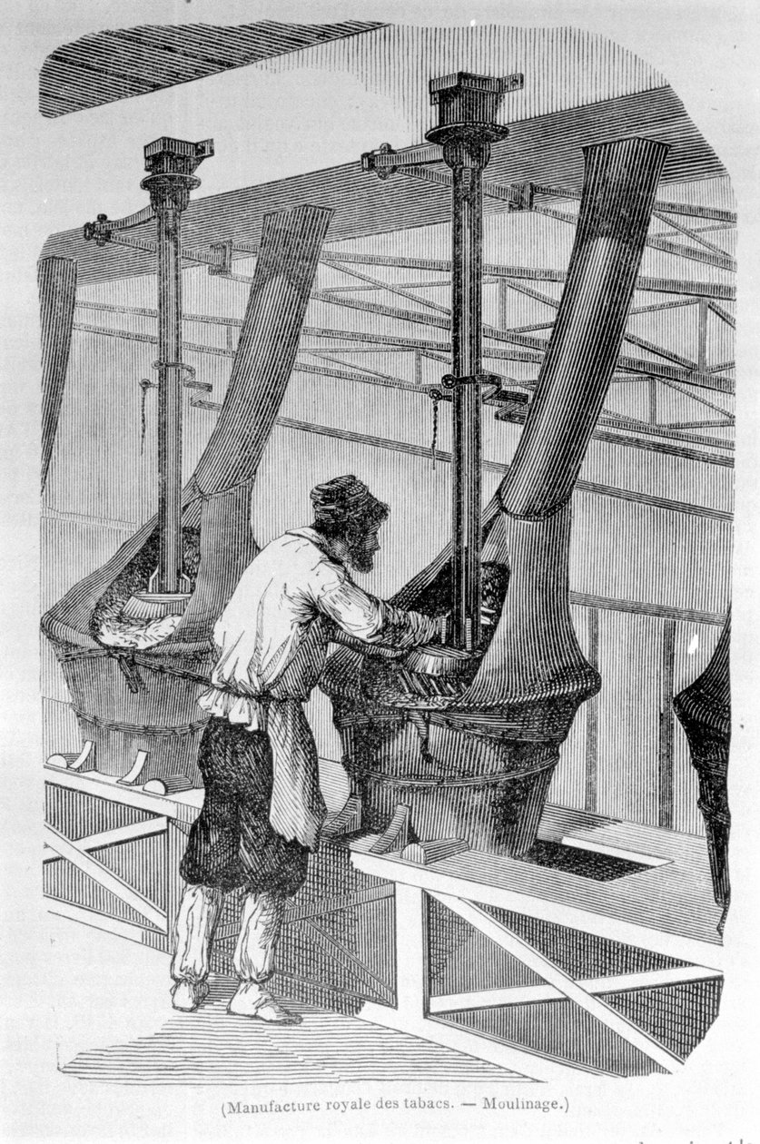 Royal Tobacco Factory: tobakkfresing. 1800-talls gravering. av Unknown artist